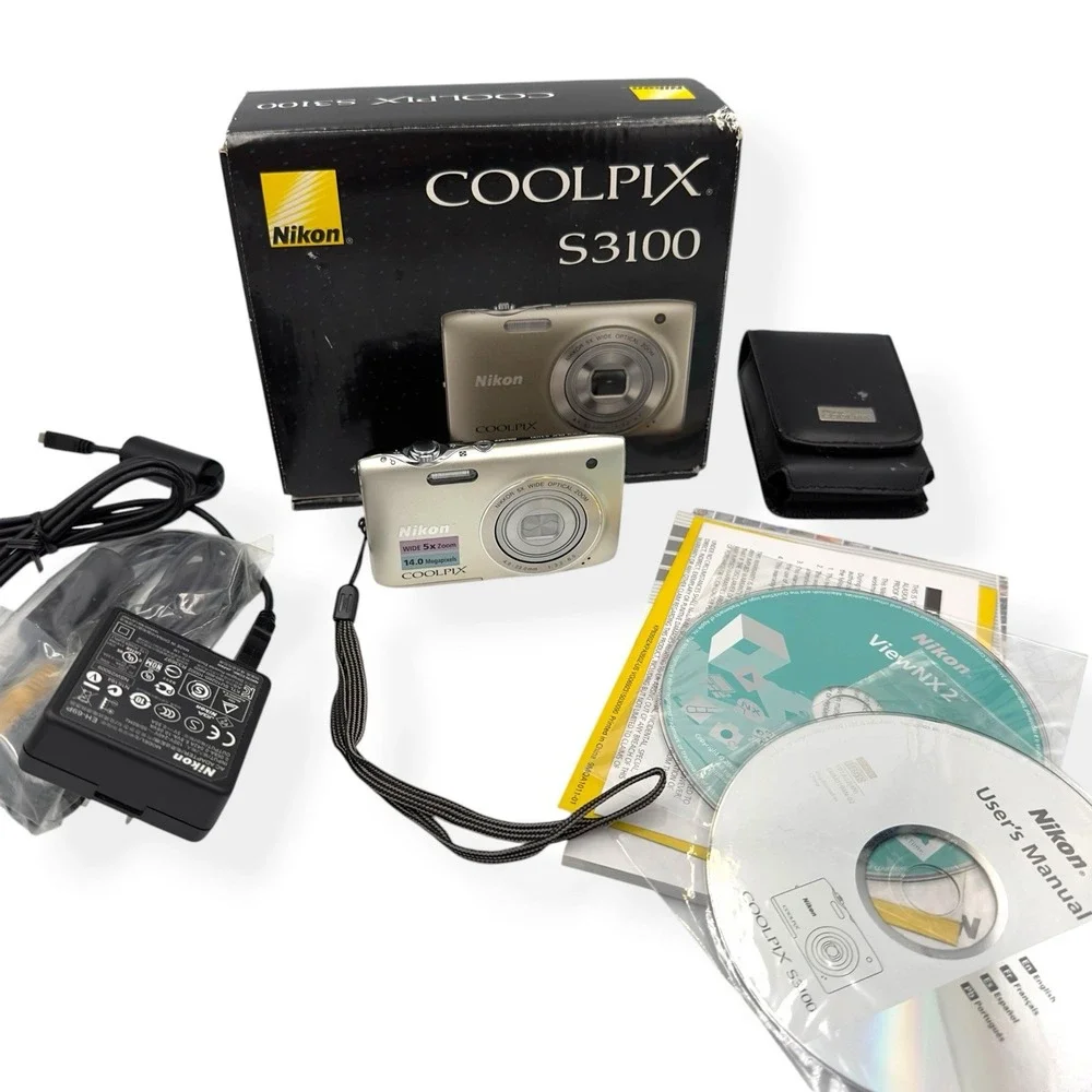 Nikon COOLPIX S3100 14MP Champagne Digital Camera 5X Zoom Charger Bundle TESTED